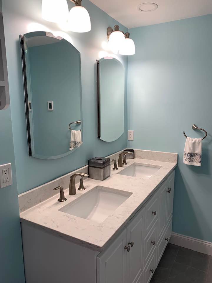 Updated two sink vanity and two mirrors for bathroom remodel